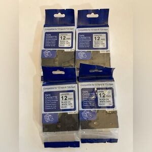 Tape Cassette 12mm x 8m Black on White tape cassette- Pack of 4. KZe-231